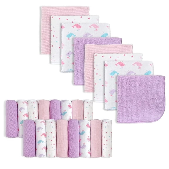 Softan Baby Washcloths 24-Pack, 9"×9", Pink Whale Print, Ultra-Soft & Absorbent, Newborn Bath & Face Cloth, Shower Gift