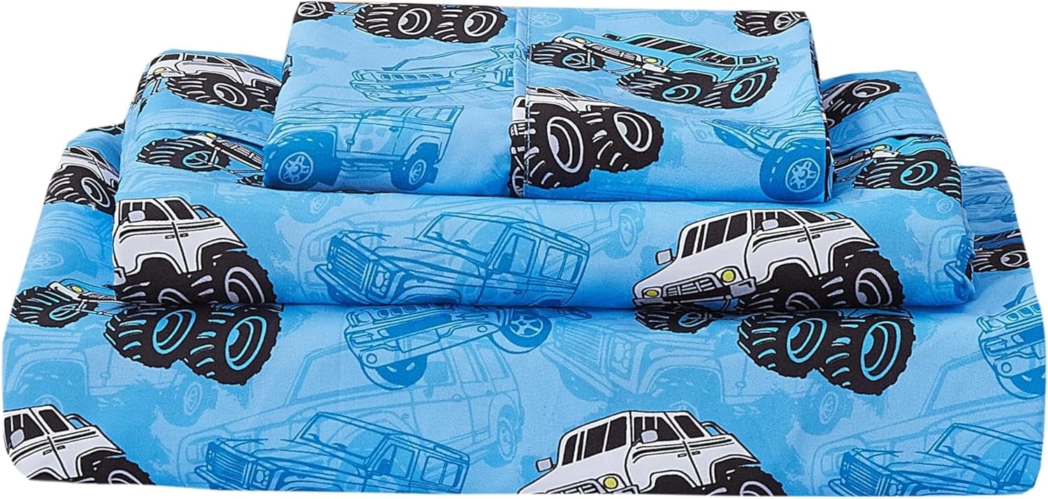 Softan Kids Bed Sheet Set, Boys Twin Size Sheets, Microfiber Kids Fitted Sheet and Pillowcase, Breathable and Silky Soft, 3 Piece Jeep Trucks Printed Twin Bed Sheet