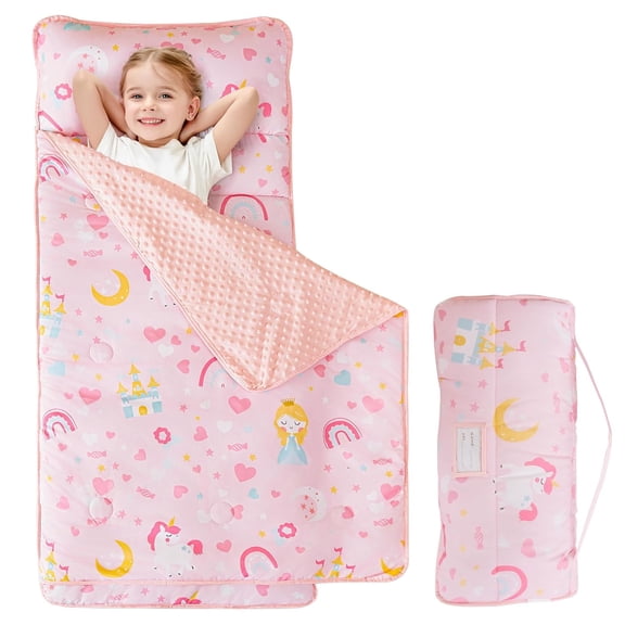 Softan Toddler Kid Nap Mat for Preschool, Girls Pink Princess Daycare Kindergarten Slumber Bag
