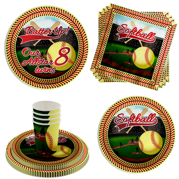 Softball 8th Birthday Party Supplies 64 Piece Tableware Set Includes Large 9" Paper Plates Dessert Plates, Cups and Napkins Kit for 16
