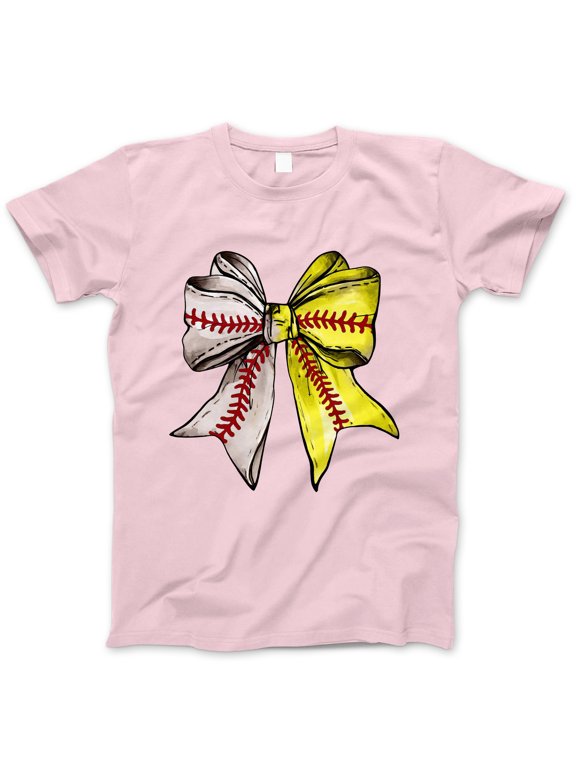 Softball Baseball Bow Graphic T-Shirt - Cute Sports Tee for Women, Casual Athletic Apparel, Team Spirit Wear, Gift for Softball Players