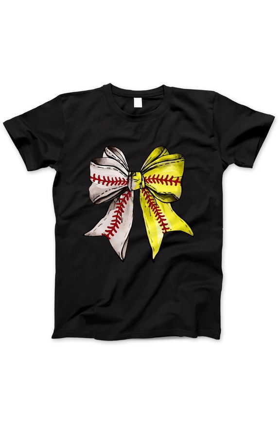 Softball Baseball Bow Graphic T-Shirt - Cute Sports Tee for Women, Casual Athletic Apparel, Team Spirit Wear, Gift for Softball Players