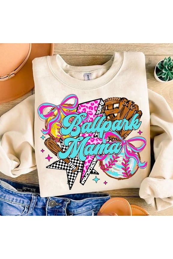 Softball Baseball Mama Sweater, Ballpark Game Day Coquette Bow Checkered Sports Sweatshirt