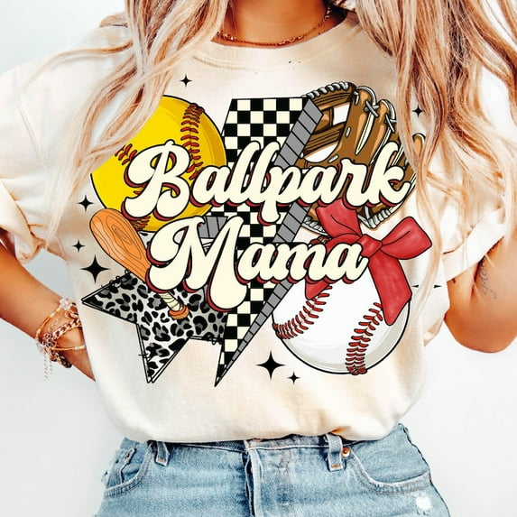 Softball Baseball Mama T-Shirt, Ballpark Retro Game Day Tee, Coquette Bow Sports Graphic Shirt, Checkered Softball Mom T-Shirt