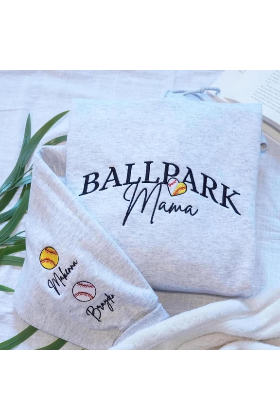 Softball Baseball Mom Embroidery Hoodie, Name on Sleeve Custom Baseball Softball Mom, Custom Embroidered Sweatshirt