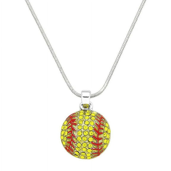 Softball Baseball Pendant Necklace Earring Rhinestone Crystal Rhodium Plated 17 Inch Snake Chain J1018