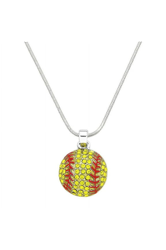 Softball Baseball Pendant Necklace Earring Rhinestone Crystal Rhodium Plated 17 Inch Snake Chain J1018