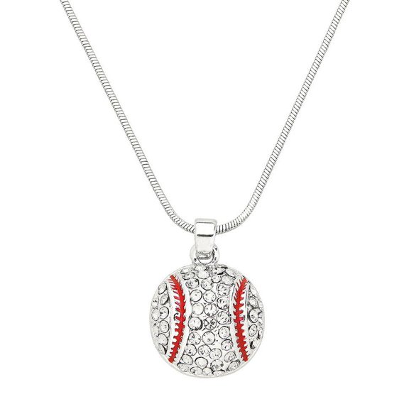 Softball Baseball Pendant Necklace Earring Rhinestone Crystal Rhodium Plated 17 Inch Snake Chain J1019