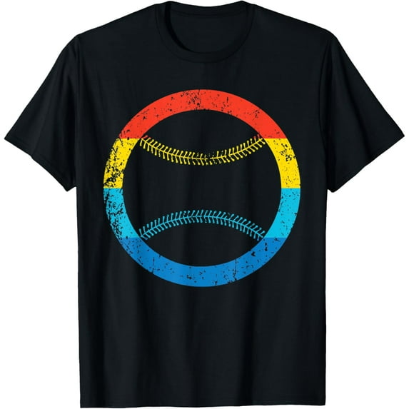 Softball Baseball Silhouette Retro 1970's Style Circle T-Shirt men and women can wear, black, white, gifts