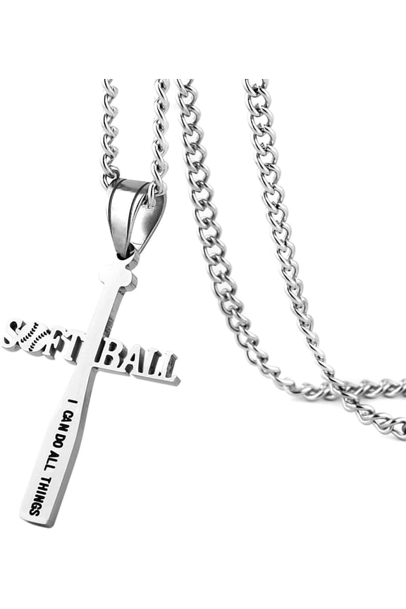 Softball Bat Cross Pendant, I CAN DO ALL THINGS STRENGTH Bible Verse Stainless Steel Necklace
