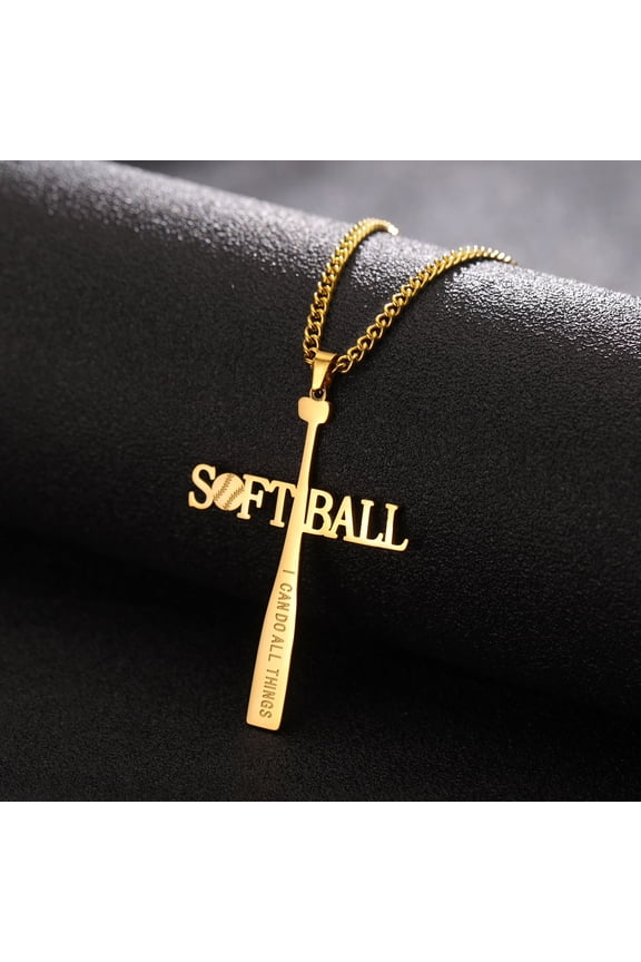 Softball Bat Cross Pendant, I CAN DO All Things Strength Bible Verse14K Yellow Gold Necklace