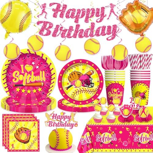 Softball Birthday Party Decorations for 25 Guests Disposable Tableware Set with Banner, Balloons, Cake Cupcake Toppers, 350gsm Plates, Cups, Napkins, Tablecloth Easy Assembly Softball Party$$