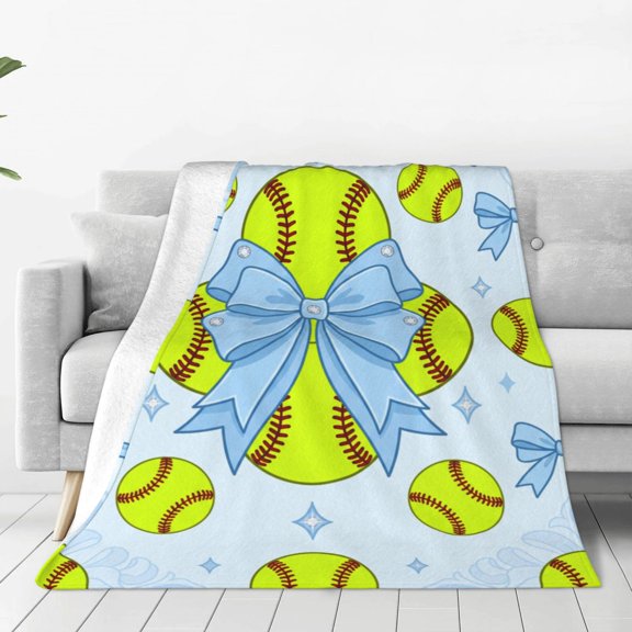 Softball Blanket, Blue Coquette Bow Flannel Throw, Softball Home Decor for Couch Sofa Bed, Gift for Softball Lovers and Players 50x40