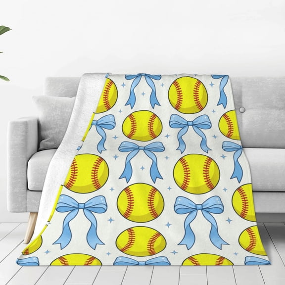 Softball Blanket, Blue Coquette Bow Flannel Throw, Softball Home Decor for Couch Sofa Bed, Gift for Softball Lovers and Players 50x40