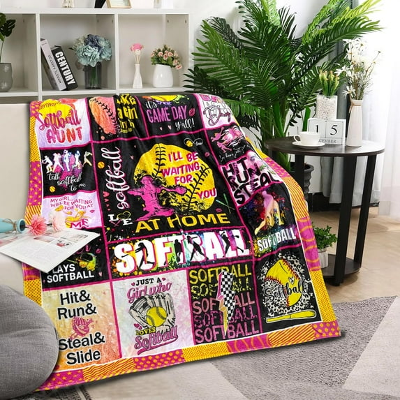 Softball Blanket Gifts for Boys Girls Softball Lovers, Super Soft Travel Bed Sofa Colorful Softball Throw Blankets for Sport Fans Kids Adults Player Coach, 50 × 60 inch