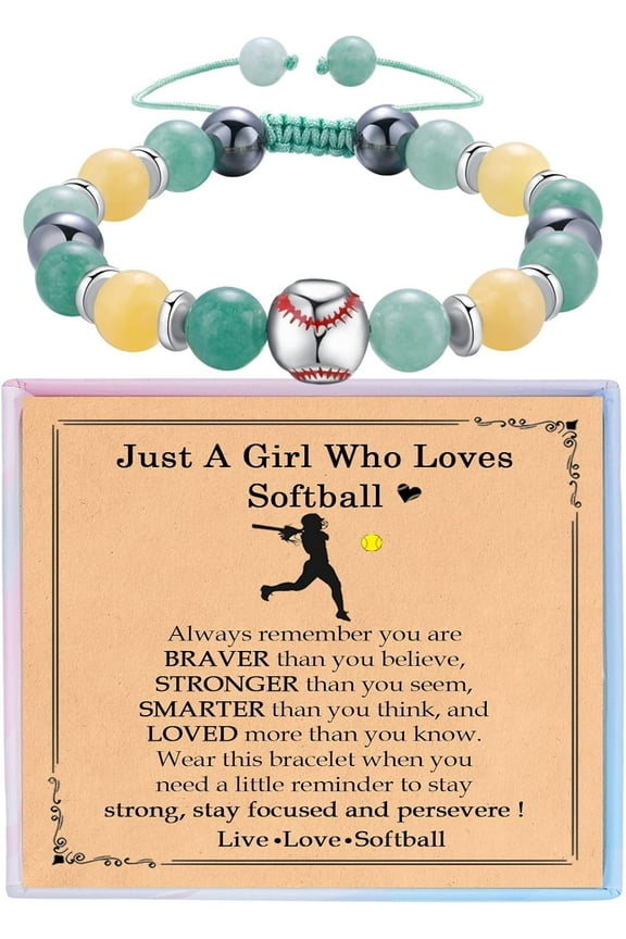 Softball Bracelet Gifts for Her Teens Best Friend Daughter Just Loves Softball Gifts, Green Stone Bracelet Gift for Christmas Birthday Graduation Gift for Granddaughter Niece Softballs Players Team