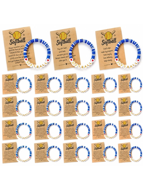 Softball Bracelets with Cards, 20 Sets Clay Beaded Wristbands, Sports Team Gifts, Inspirational Jewelry for Players, Party Favors for Season Celebrations and Birthdays