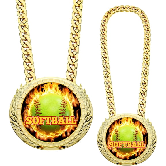 Softball Champion Chain Award Medal 5 x 6 Inch with Flame Softball Pattern on Jumbo Gold Award Medal Athlete Prize Gifts with 34inch Turnover Chain for Contest Reward Family Reunions
