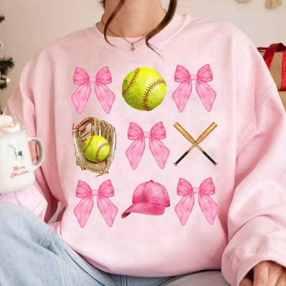 Softball Coquette Bow Sweatshirt, Soft Girl Era Pullover, Baseball Coquette Softball Shirt, Pink Bow Softball Mom Social Club Sweater