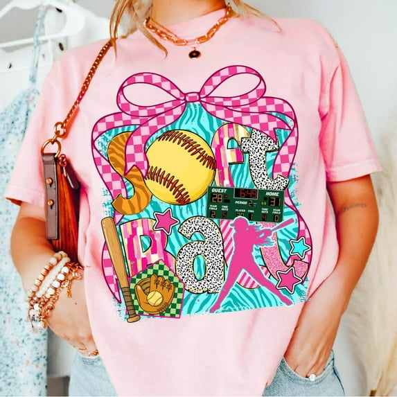 Softball Coquette T-Shirt, Bow Brushstroke Game Day Tee, Trendy Sports Graphic Shirt, Cute Softball Mom Aesthetic T-Shirt
