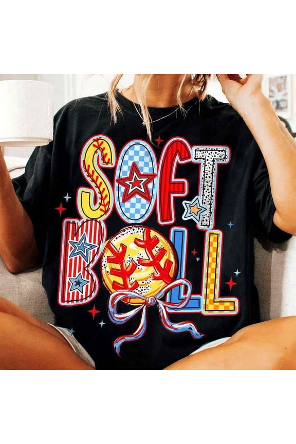 Softball Coquette T-Shirt, Brushstroke Softball Mama Shirt, Game Day Softball Bow Tee, Cute Softball Mom T-Shirt