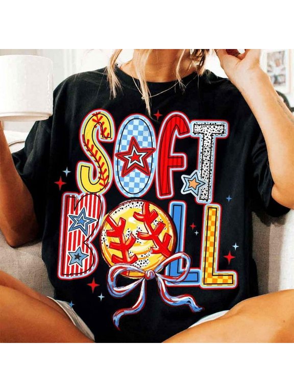 Softball Coquette T-Shirt, Brushstroke Softball Mama Shirt, Game Day Softball Bow Tee, Cute Softball Mom T-Shirt