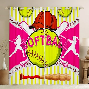 Softball Curtains Drapes,Softball Curtains Adults Bedroom Decor,Sports Theme Curtains Hot Pink Yellow Striped Window Curtains 2 Panels 38"Wx45"L