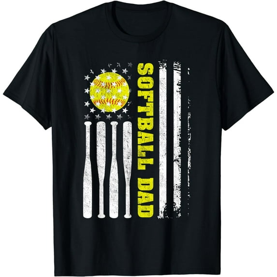 Softball Dad Vintage USA American Flag Father's day T-Shirt