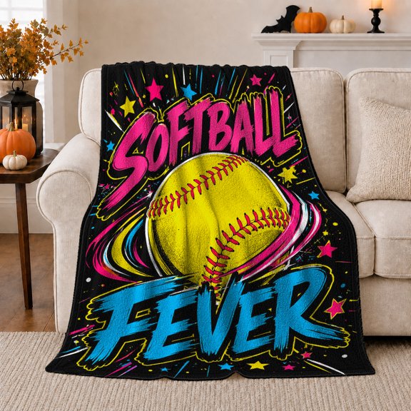 Softball Fever Ball with Neon Swooshes, Warm Graphic Sports Style for Softball Fans, Cozy Star Splatter Scene, Flannel Blanket for Bedroom and Dugout Room, Birthday Gift and Sporty Home Decor
