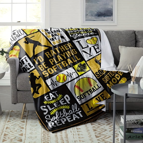 Softball Flannel Fleece Throw Blanket, Digital Print Hypoallergenic Bedding, Machine Washable Polyester, Cozy Sofa Bed Office Blanket for All Seasons - Sports Fan Gift