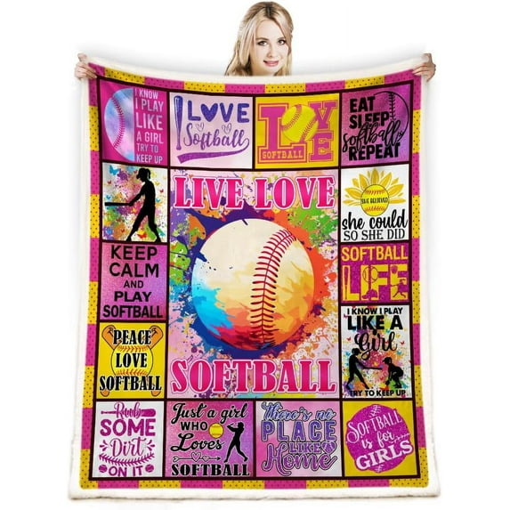 Softball Fleece Throw Blanket, 50x60 inch, Lightweight, Soft, Warm, Wrinkle Resistant, Ideal Softball Gifts for Girls, Teenager Team, Coach, Fall, Christmas, Bed, Couch, Dorm