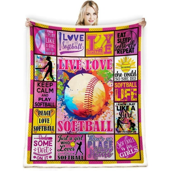 Softball Fleece Throw Blanket, 50x60 inch, Lightweight, Soft, Warm, Wrinkle Resistant, Ideal Softball Gifts for Girls, Teenager Team, Coach, Fall, Christmas, Bed, Couch, Dorm