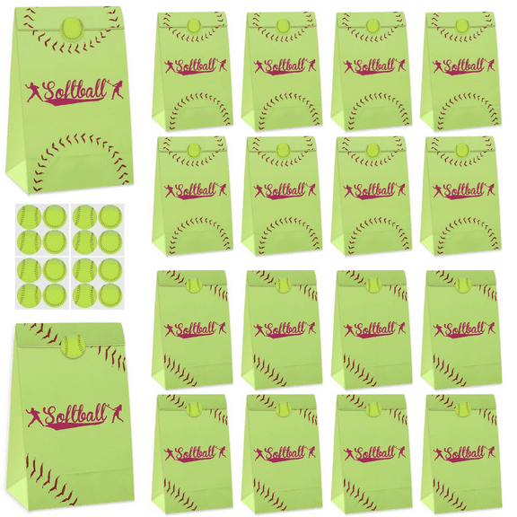 Softball Gift Bags, 20 Pack Paper Softball Goodie Bags with Stickers, Softball Party Favors Treat Bags for Kid's Birthday, Softball Game Day, Baby Shower, Game Celebration
