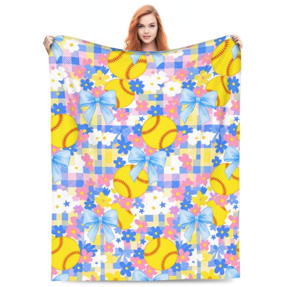 Softball Gift Blanket, Blue Bow Flannel Throw, Softball Sports Home Decor for Bedroom Couch Sofa, Gift for Players, Coaches and Sports Lovers 50x40