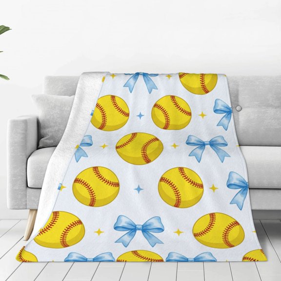 Softball Gift Blanket, Blue Bow Flannel Throw, Softball Sports Home Decor for Bedroom Couch Sofa, Gift for Players, Coaches and Sports Lovers 50x40