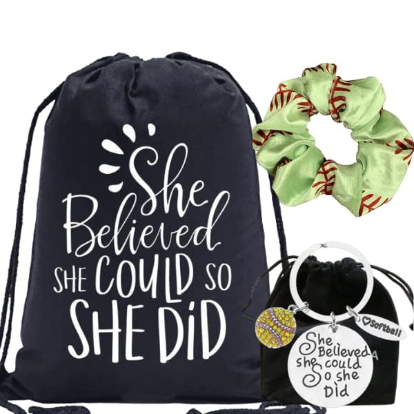 Softball Gift Bundle, Softball She Believed She Could, So She Did Keychain, Softball Scrunchie and Drawstring Bag Gift Set, Girls Softball Accessories For Softball Players and Teams