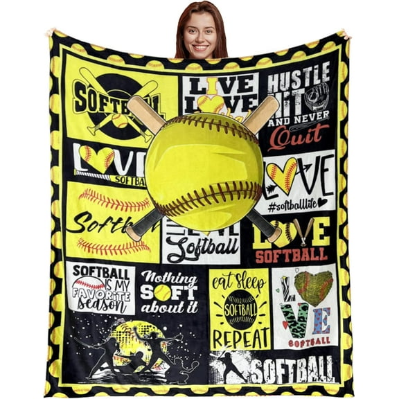 Softball Gifts for Girls, Softball Blanket 60"x80" Cute Soft Cozy Warm Flannel Blanket for Bed Couch Sofa, Softball Laces Sports Lovers Throw Blanket