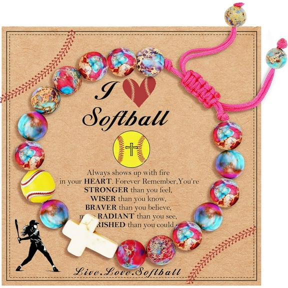 Softball Gifts for Team, Natural Stone Beaded Cross Bracelets Christian Religious Game Day Jewelry Gift for Girls Teens