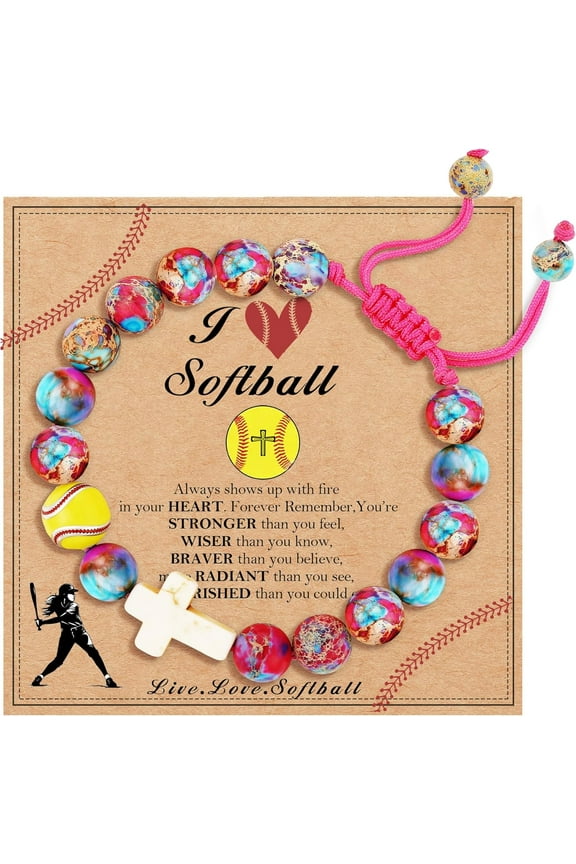 Softball Gifts for Team, Natural Stone Beaded Cross Bracelets Christian Religious Game Day Jewelry Gift for Girls Teens