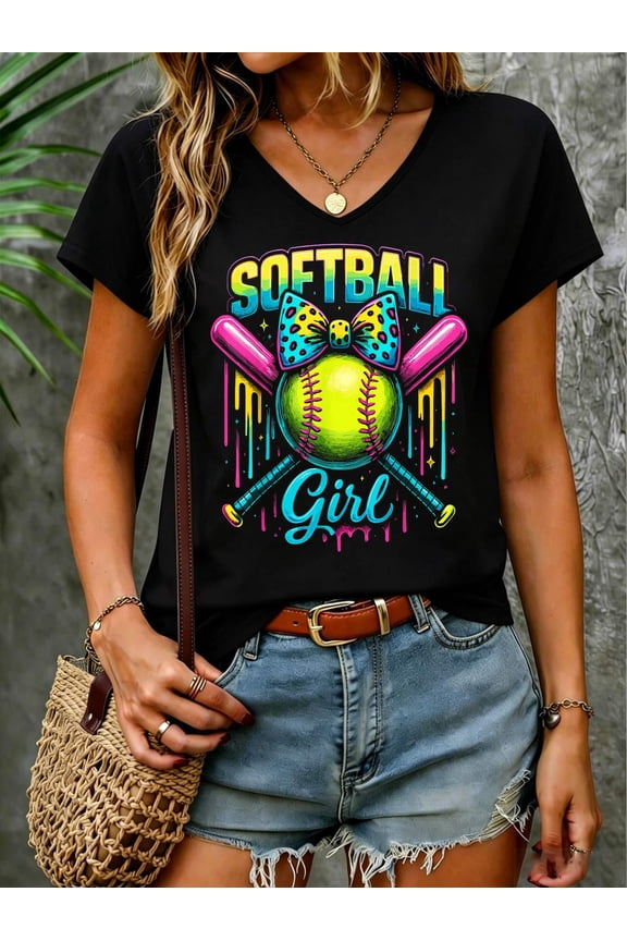 Softball Girl Drip Funny Softball Player V Neck T-Shirt Cotton Women's V Neck Graphic Tee, Casual Short Sleeve Shirt,Vacation Outfit