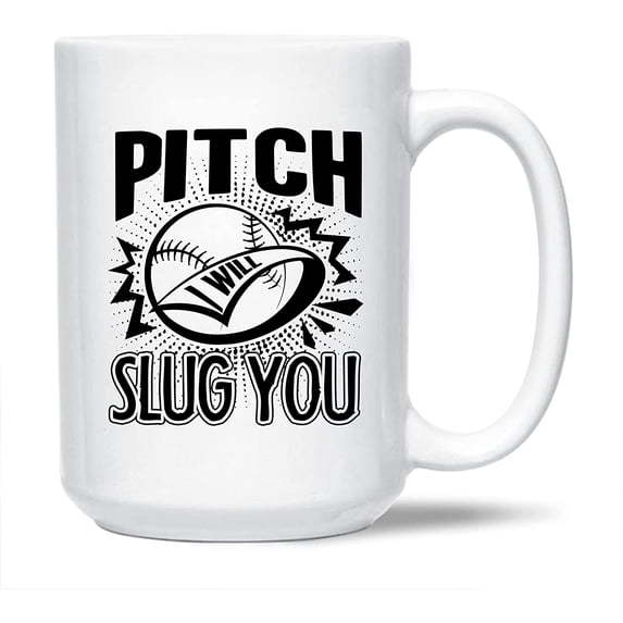 Softball Graphic Ceramic Coffee Mug, Pitch I Will Slug You White Mug Cup, Softball Coffee Mug Cup Gift Ideas, Awesome Softball Porcelain Teacup 15 Oz.
