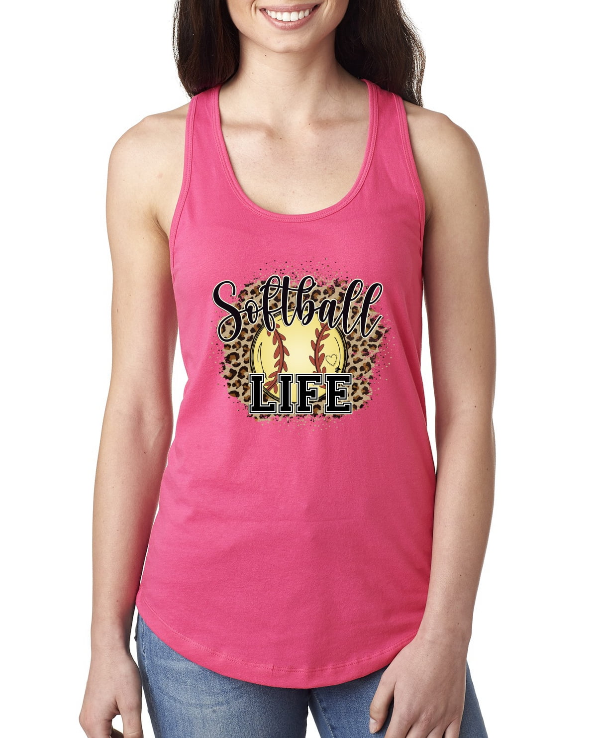 Softball Life Animal Print Girl Sports Ladies Racerback Tank Top, Hot Pink,  Small 