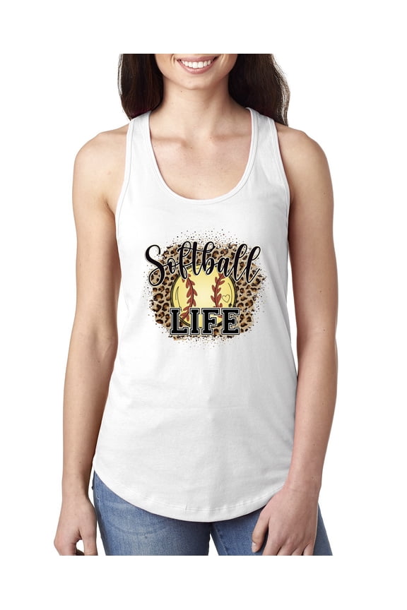 Softball Life Animal Print Girl Sports Ladies Racerback Tank Top, White, Small