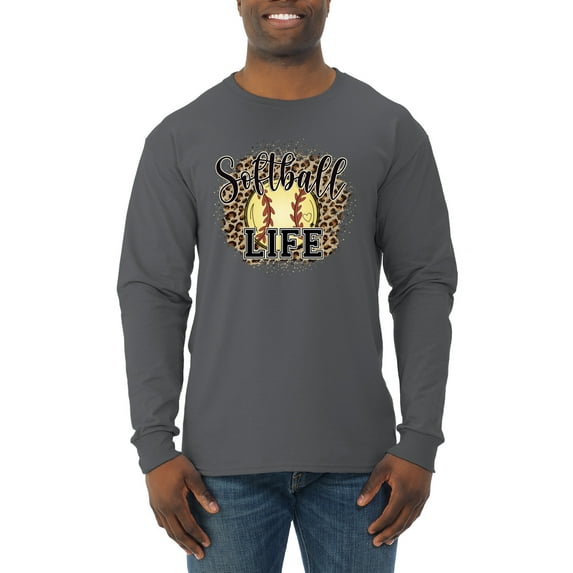 Softball Life Animal Print Girl Sports Mens Long Sleeve Shirt, Charcoal, Medium