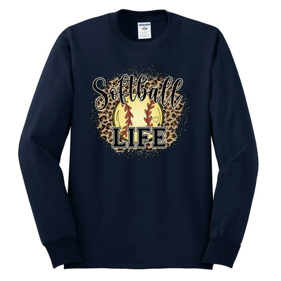 Softball Life Animal Print Girl Sports Mens Long Sleeve Shirt, Navy, Large