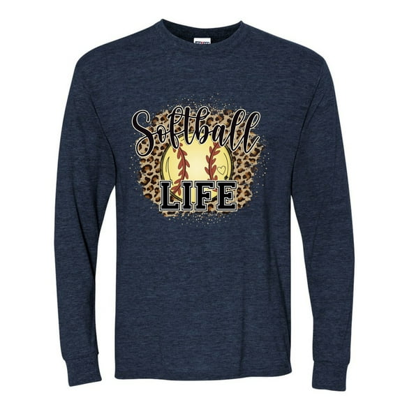 Softball Life Animal Print Girl Sports Mens Long Sleeve Shirt, Vintage Heather Navy, Small