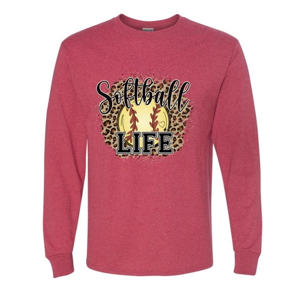 Softball Life Animal Print Girl Sports Mens Long Sleeve Shirt, Vintage Heather Red, 3X-Large