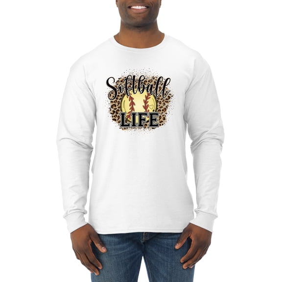 Softball Life Animal Print Girl Sports Mens Long Sleeve Shirt, White, Small
