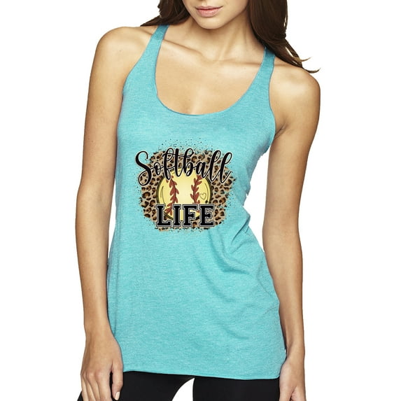 Softball Life Animal Print Girl Sports Tri-Blend Racerback Tank Top, Tahiti Blue, Large