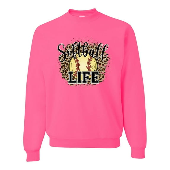 Softball Life Animal Print Girl Sports Unisex Crewneck Graphic Sweatshirt, Neon Pink, X-Large